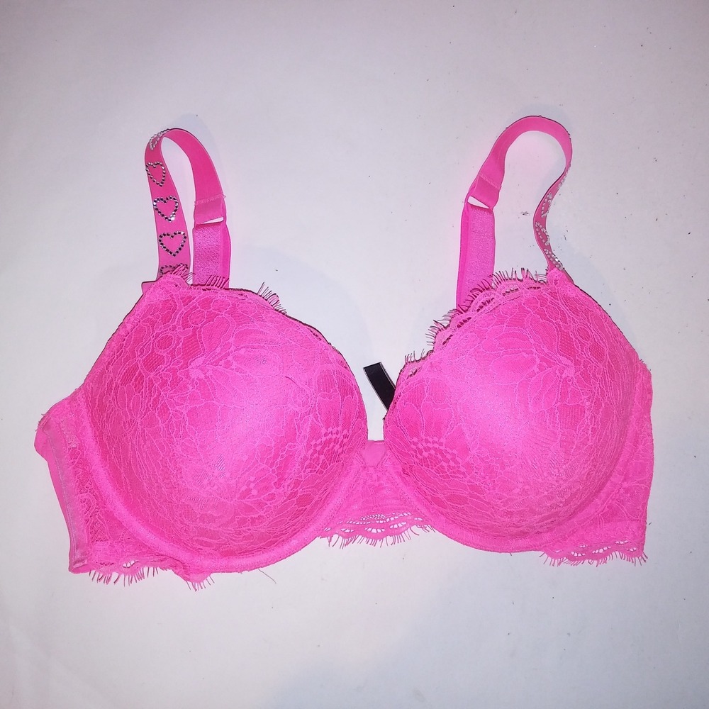 Victoria Secret Bra 36D Very Sexy Push Up Neon Pink Lace Shine Strap Hearts